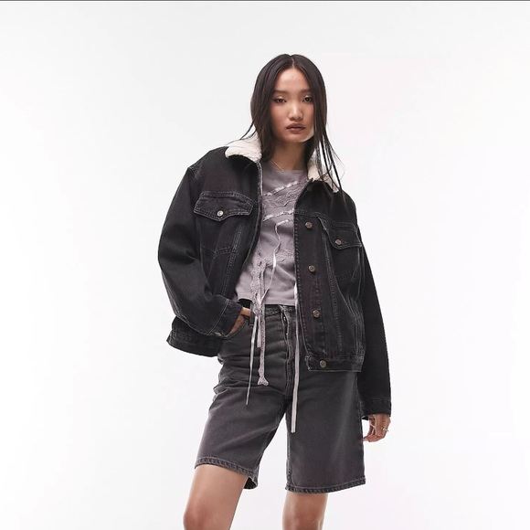 Topshop Oversized Borg Denim Jacket - Picture 2 of 7